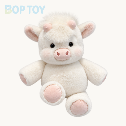 Soda fluffy Highland calf plush on a warm ivory background