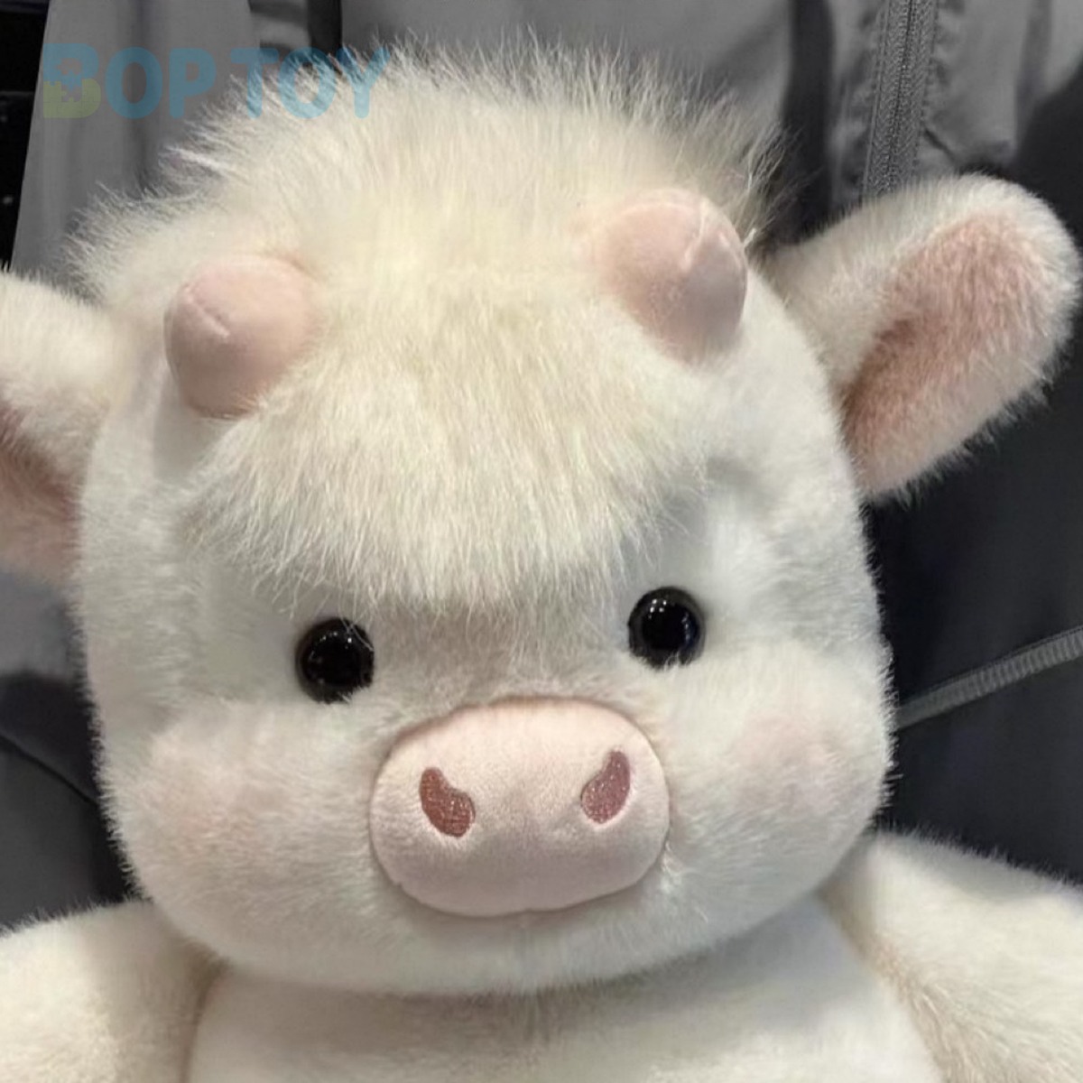 Close-up of the soda calf plush face, short horns and fluffy fringe