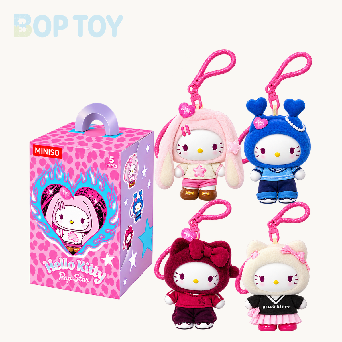 Miniso Hello Kitty Pop Star Series Plushie Keychain Blindbox — retail packaging and possible styles; actual contents depend on the selected option