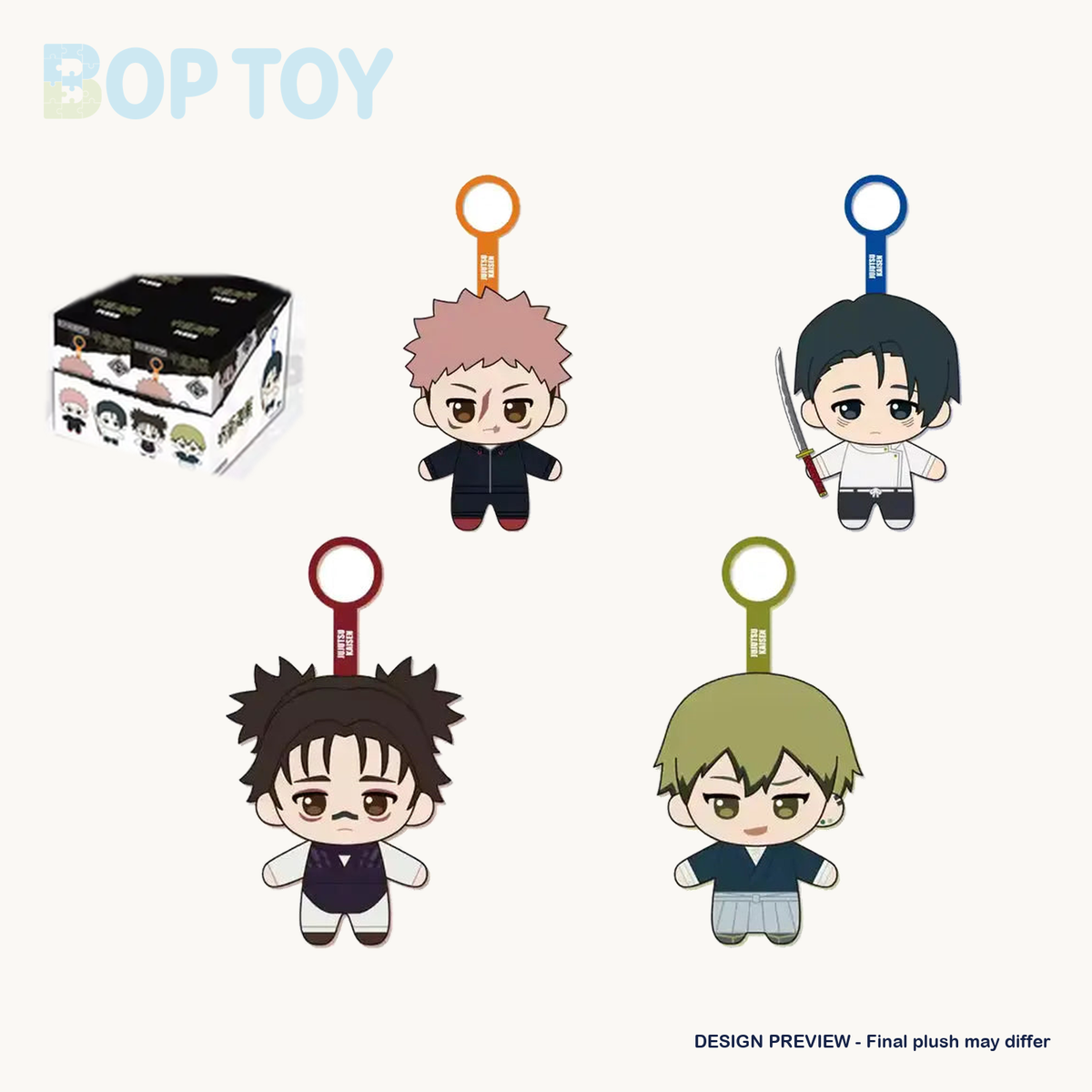 Jujutsu Kaisen Season 3 Series Plush Pendant Blind Box — packaging and four character design previews; final plush may differ