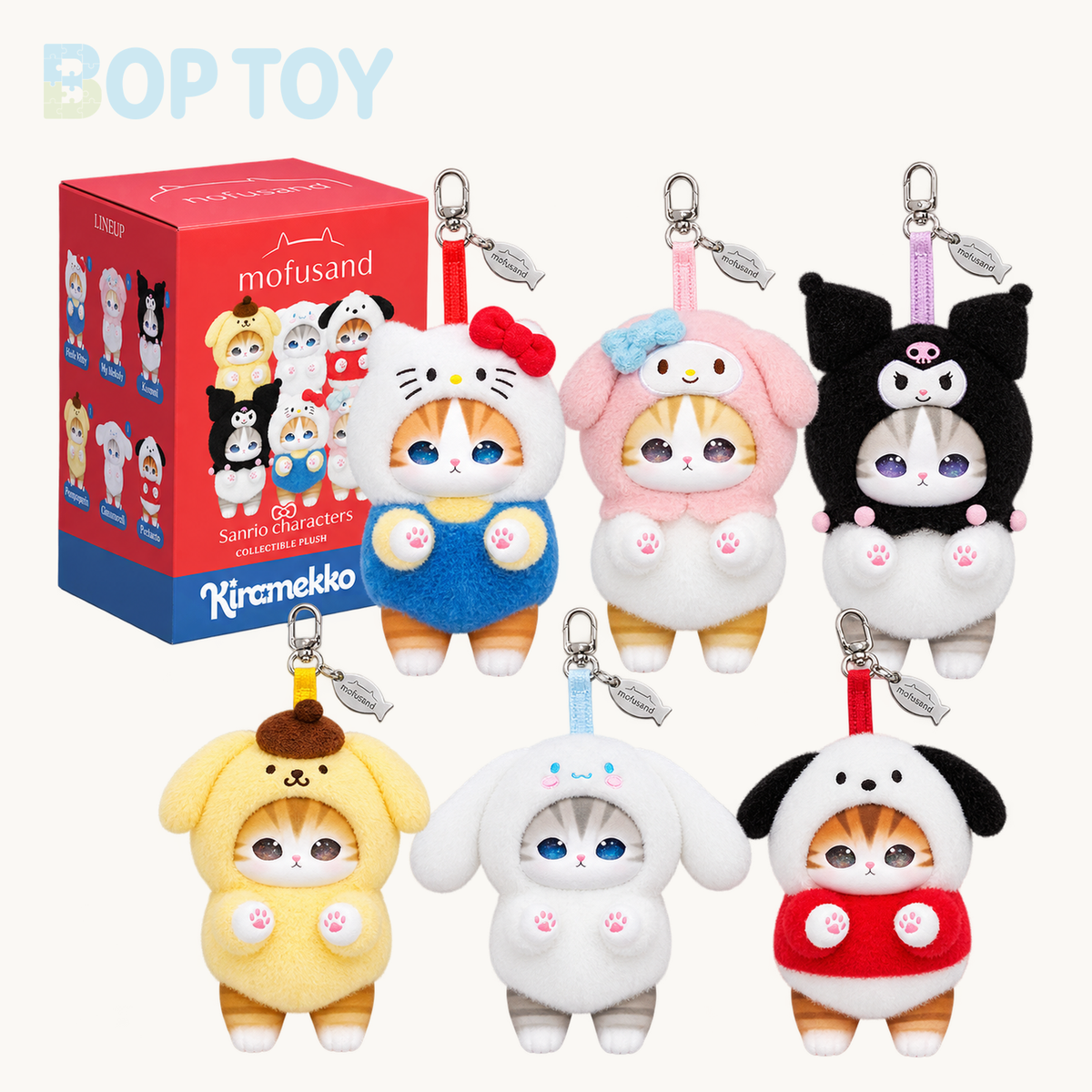 Mofusand X Sanrio Kiramekko Fluffy Kittens Vinyl Keychain Blind Box — retail packaging and possible styles; actual contents depend on the selected option