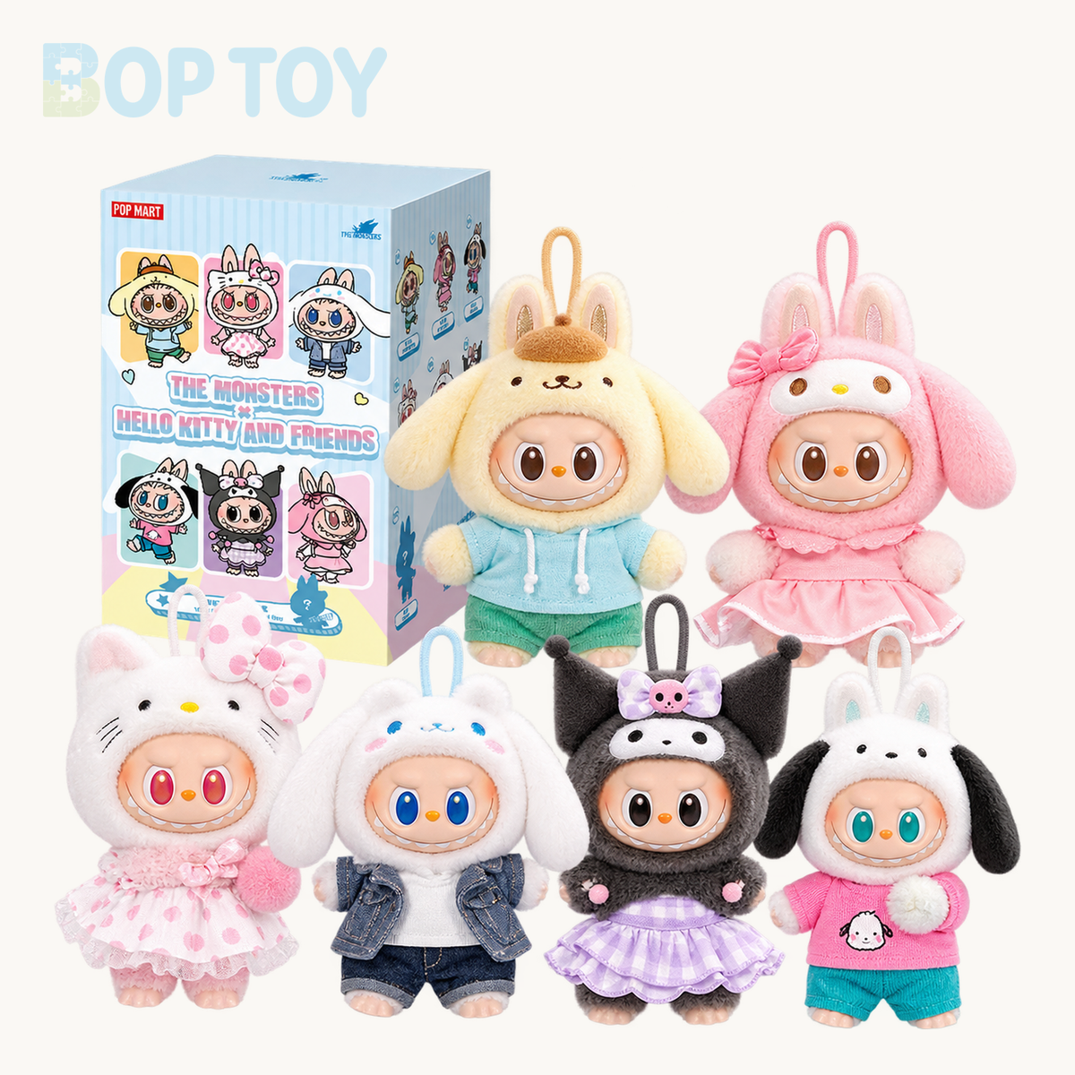 POP MART Labubu The Monsters x Hello Kitty and Friends Vinyl Plush Pendant Blind Box — retail packaging and possible styles; actual contents depend on the selected option
