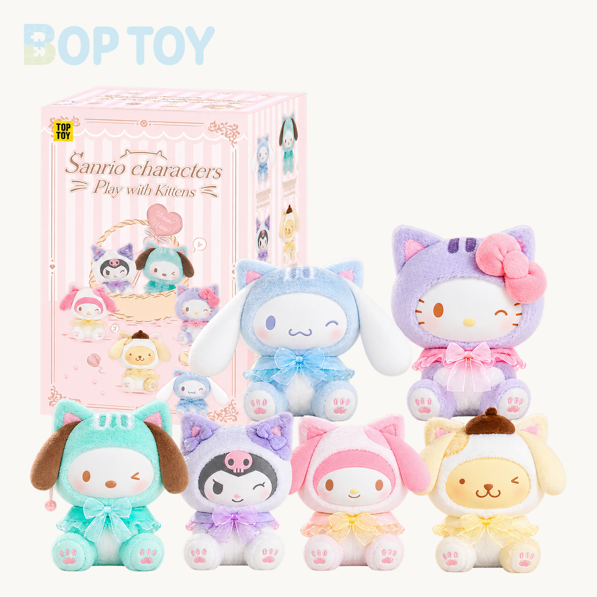 Sanrio Characters Play With Kittens Series Plush Blind Box — retail packaging and possible styles; actual contents depend on the selected option