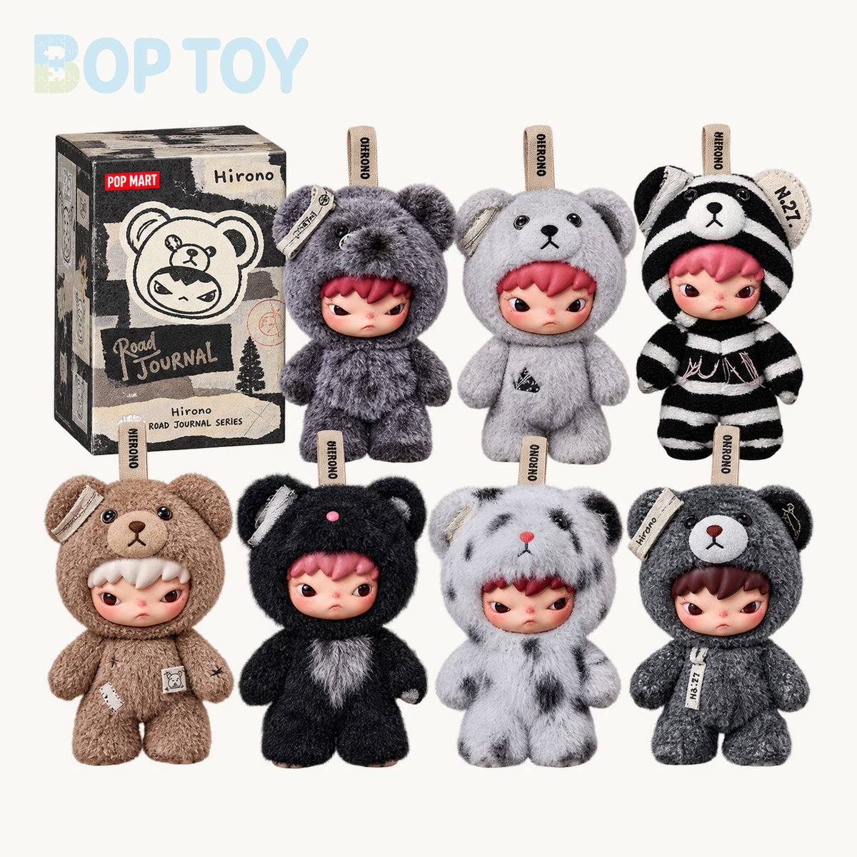 POP MART Hirono Road Journal Series-Plush Doll Pendant Blind Box — retail packaging and possible styles; actual contents depend on the selected option