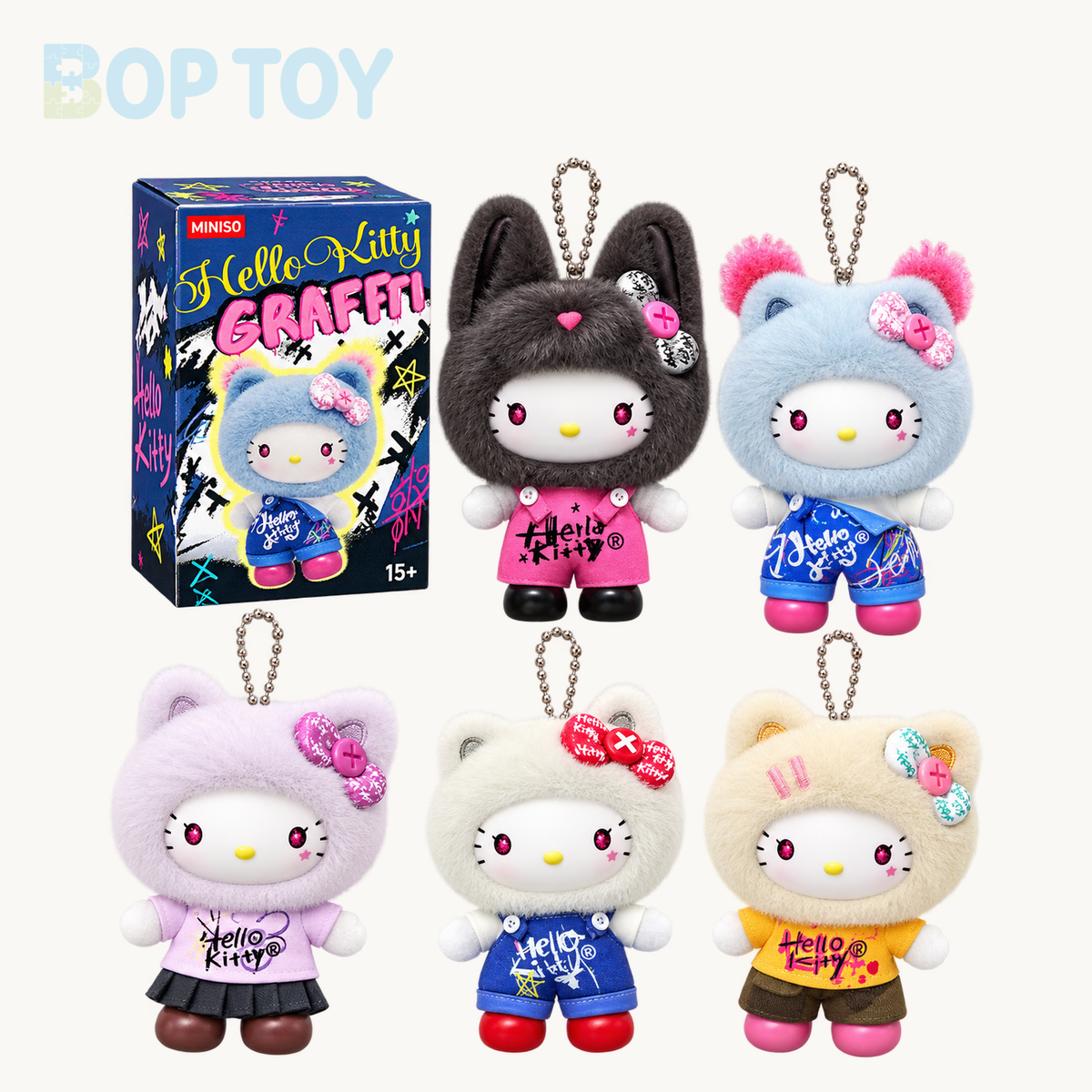 Miniso Hello Kitty Graffiti Series Vinyl Plushie Keychain Blindbox — retail packaging and possible styles; actual contents depend on the selected option