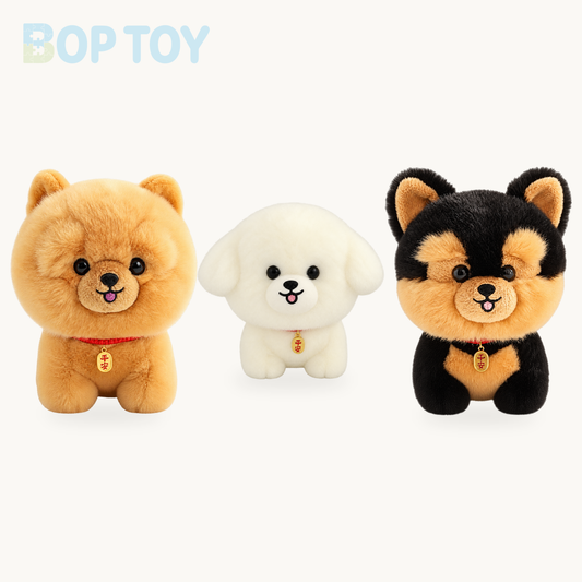 Fluffy Mini Dogs product selection on a cream background