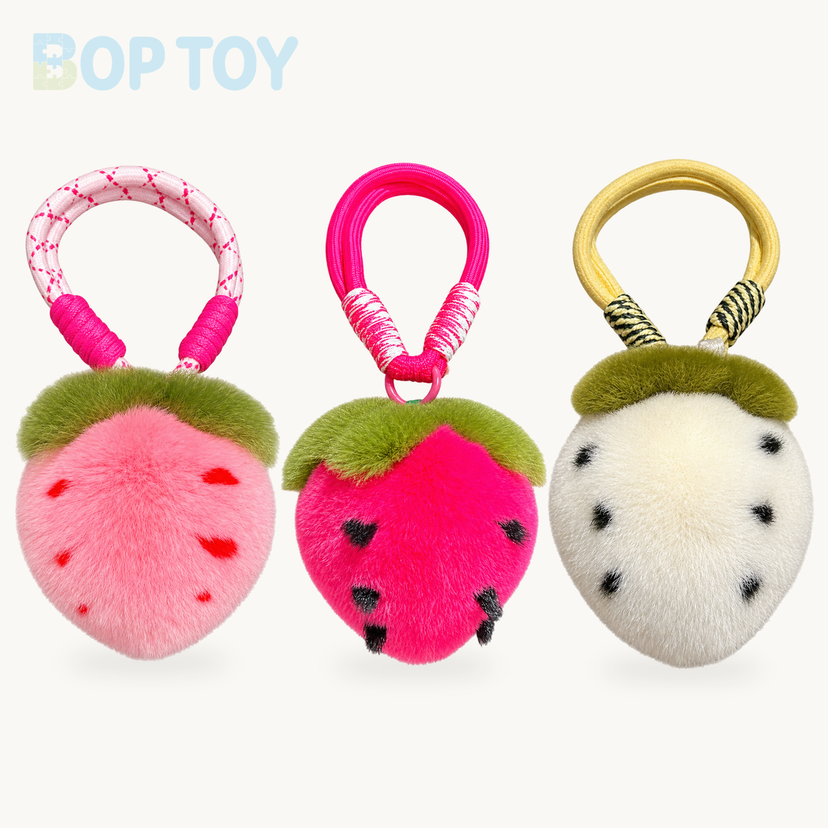 Strawberry Plush Fur Keychain – 5 Colors, 3.5" | 9 cm product selection on a cream background