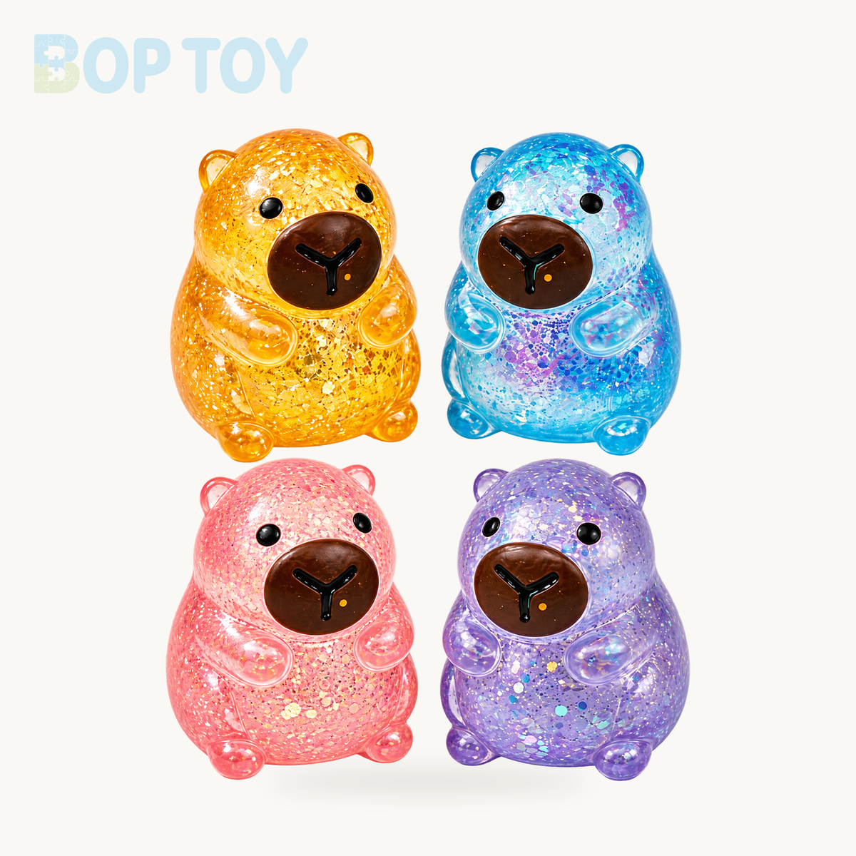4-Pack Glitter Capybara Squishy Set product selection on a cream background