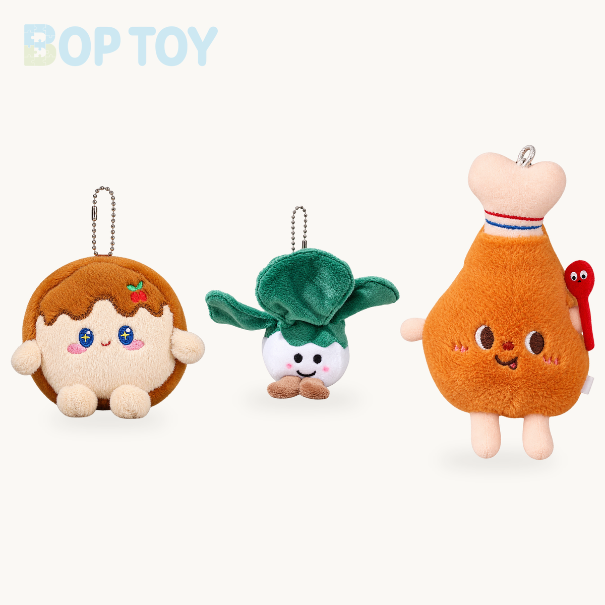 Plushie Cartoon Food Keychain, 20 Varieties product selection on a cream background