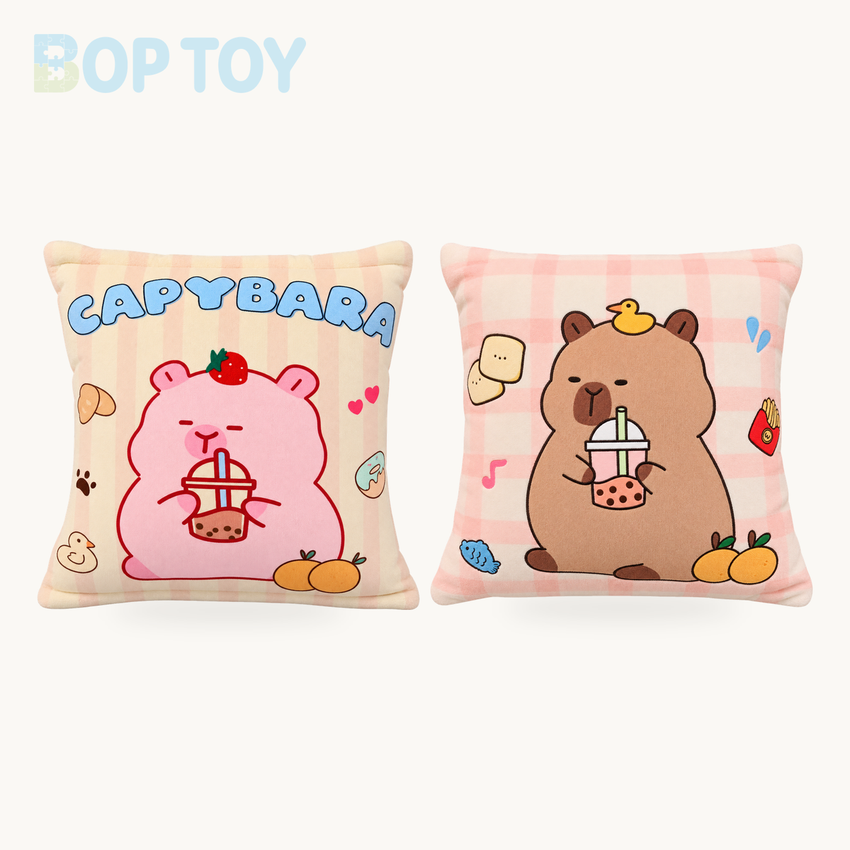 Pink Brown Capybara Candy Bag Plushies product selection on a cream background
