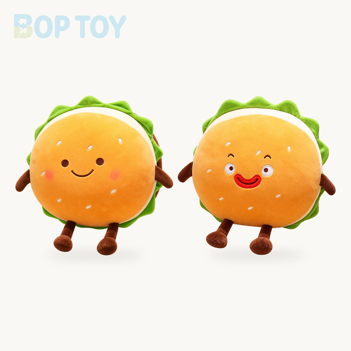 Plushie Hamburger, Two Styles, 6-28" | 15-70 cm product selection on a cream background