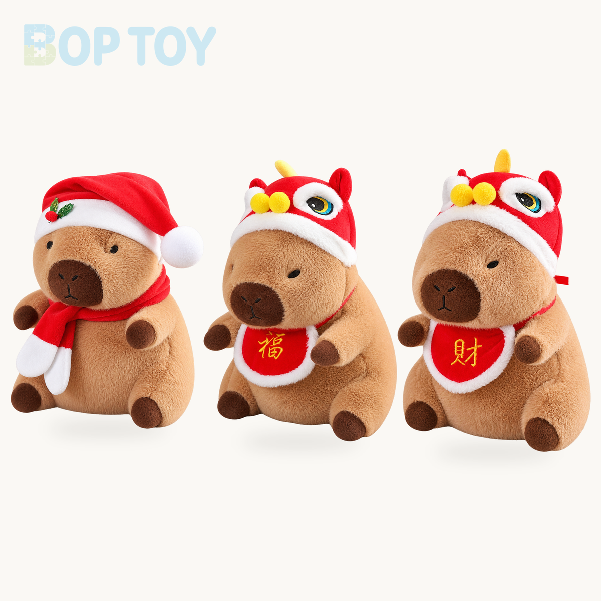 Christmas New Year Baby Capybara Plushies product selection on a cream background