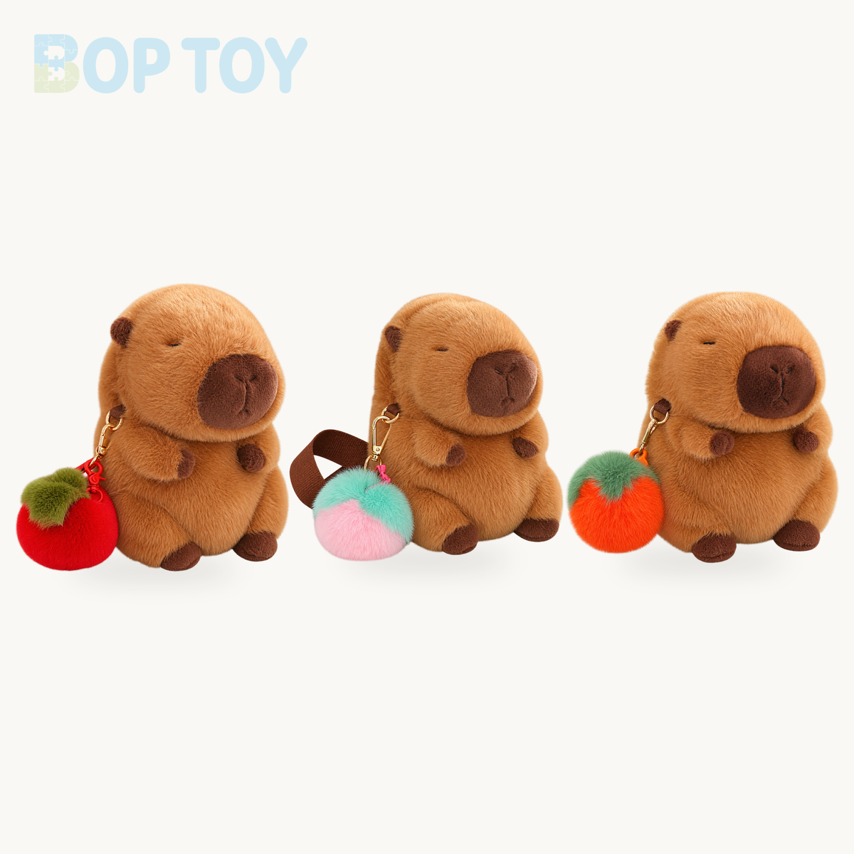 Kawaii Fluffy Capybara Plushies with Strap product collection on a cream background