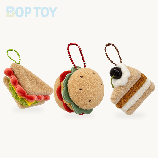 Food-Shaped Plush Keychain Set | Hamburger, Cake & Sandwich Stuffed Pendants product selection on a cream background