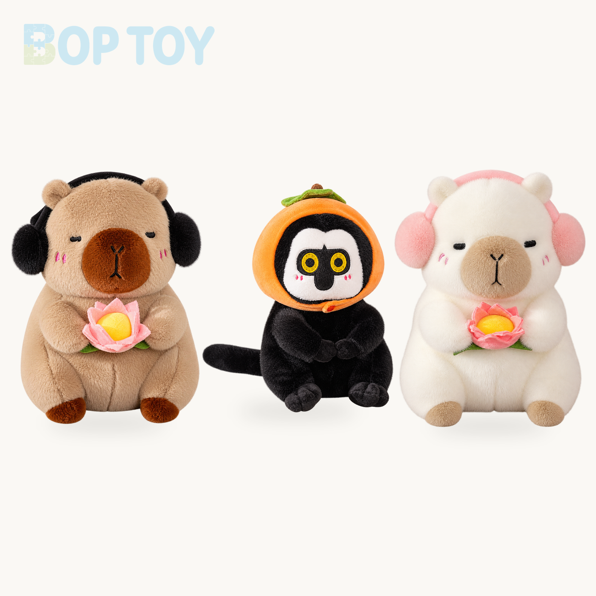 Fluffy Capybara & Monkey Plushie Pals product collection on a cream background