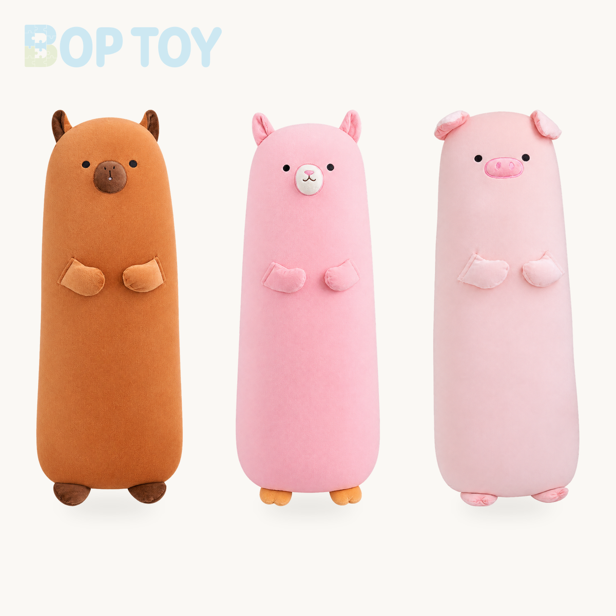 Long Snuggle Buddies Capybara Alpaca Pig Plushie product selection on a cream background
