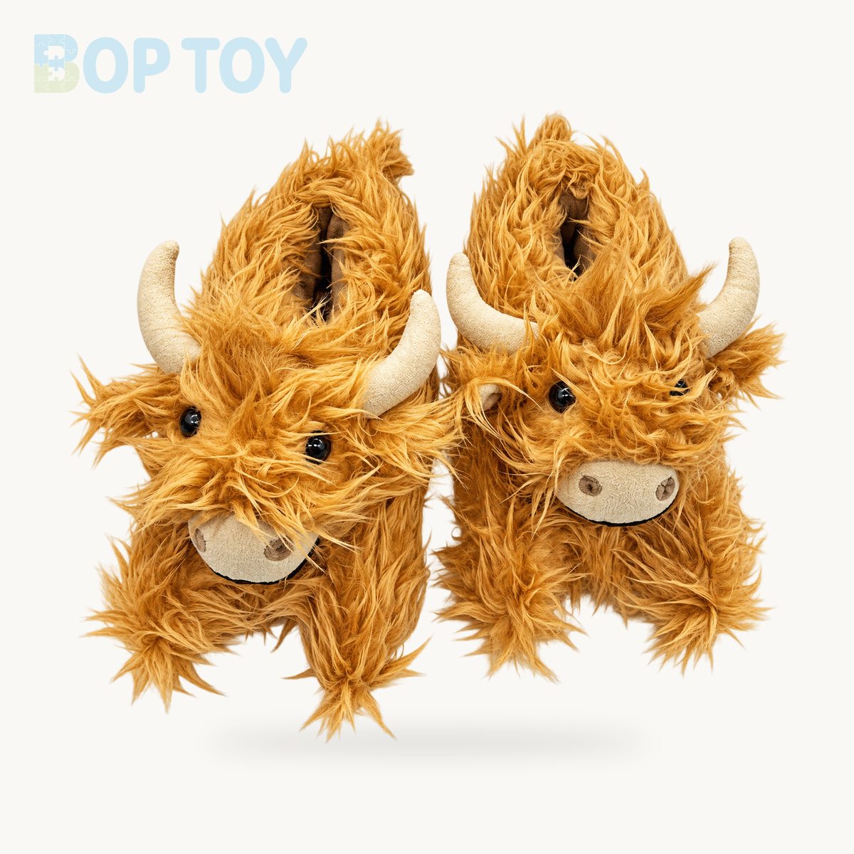 Fluffy Highland Cow Plush Slippers | Warm Indoor Animal Slides for Women & Men product collection on a cream background