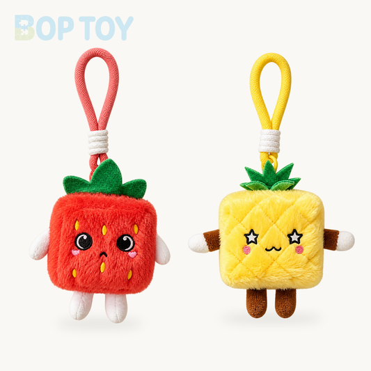Strawberry & Pineapple Plush Keychain - Mini Fruit Doll, 5.5" | 14 cm product selection on a cream background
