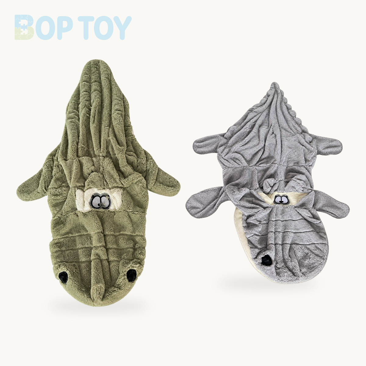 Unstuffed green and grey crocodile plush fabric skins; filling is not included