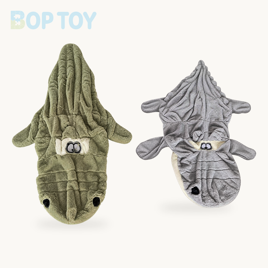 Unstuffed green and grey crocodile plush fabric skins; filling is not included