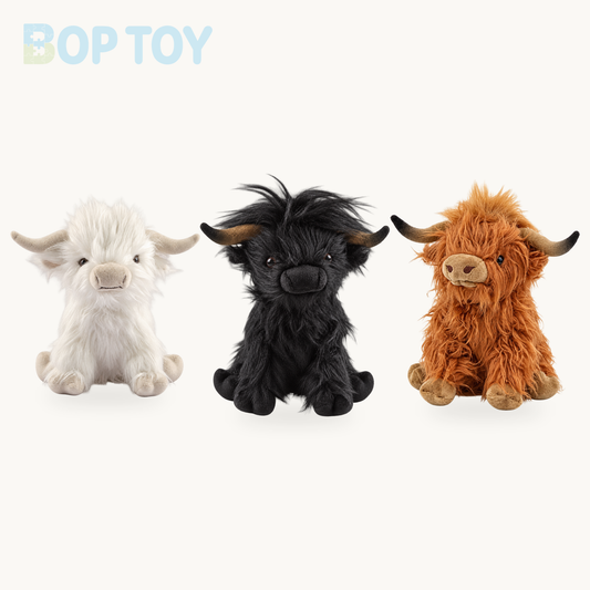 Plushie Realistic Highland Cow, Three Colors, 10" | 25 cm product collection on a cream background