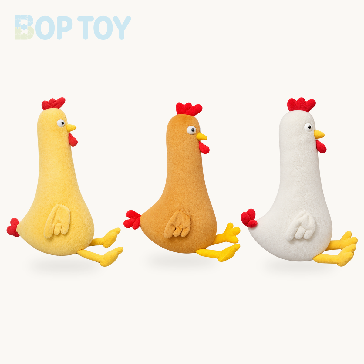 Long-Necked Squishy Chicken Plushie, Three Colors, 24-47" | 60-120 cm on a cream background