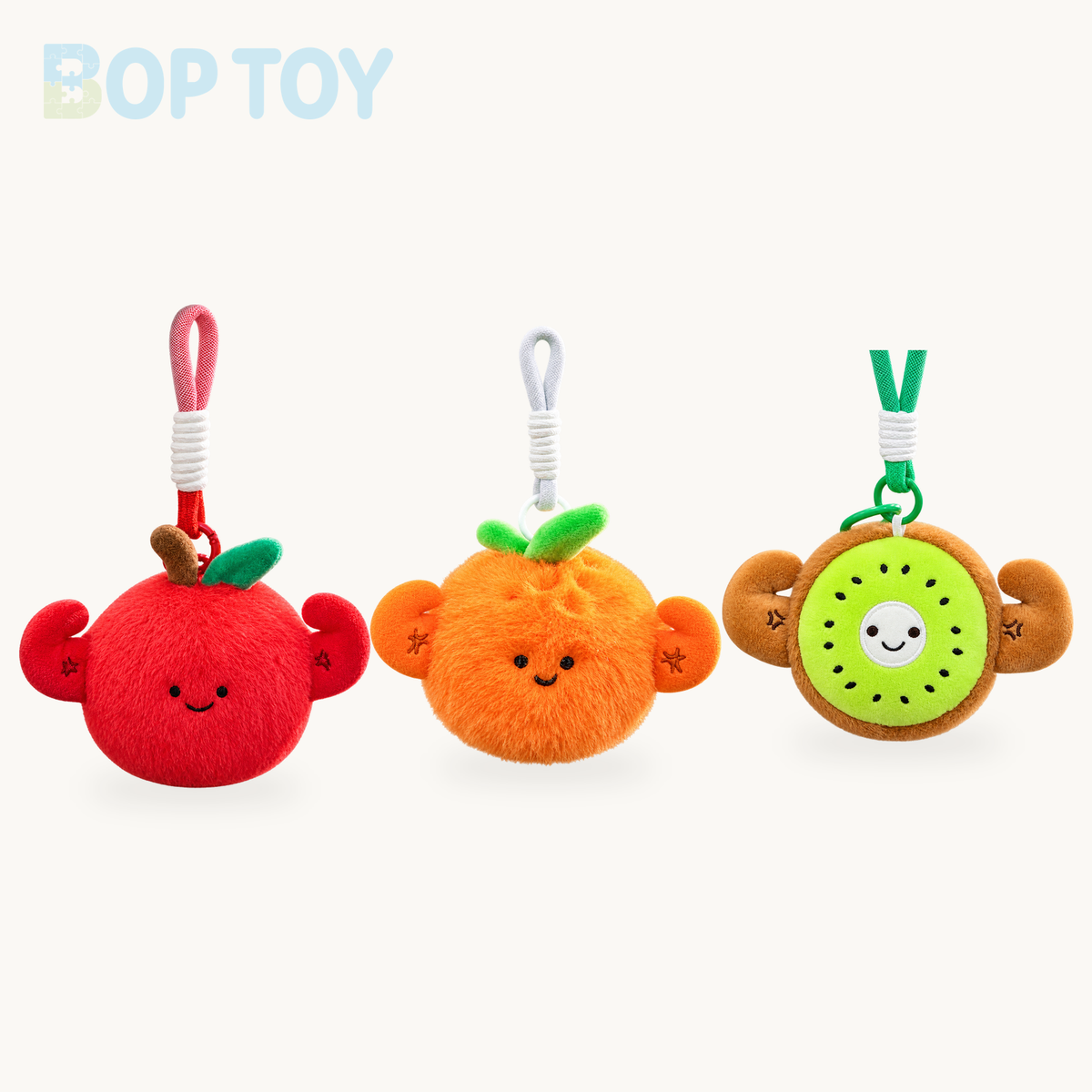 Mini Fruit Plush Keychain Collection | 8 Fruit Styles, 5" | 12 cm product selection on a cream background