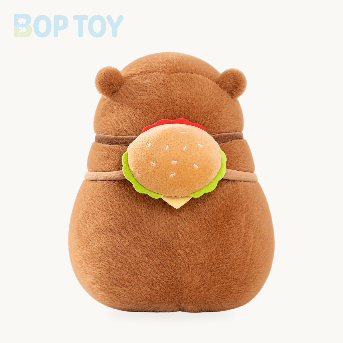 Fluffy Capybara Burger Bag Plushies product selection on a cream background