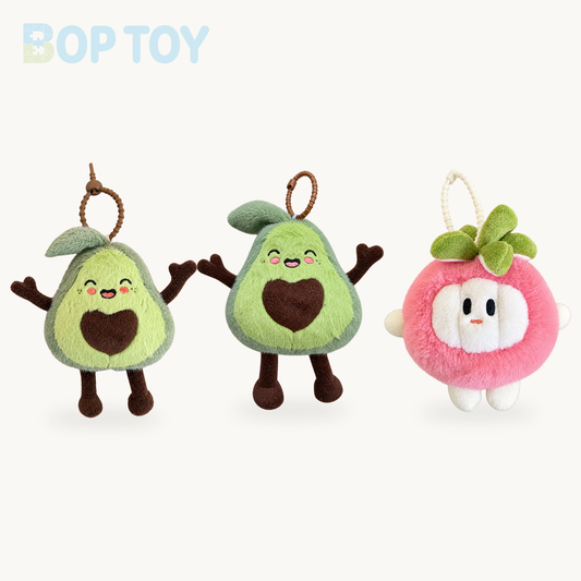 Fruit Plush Keychains | Watermelon, Avocado & Apple Charms, 5" | 13 cm product selection on a cream background