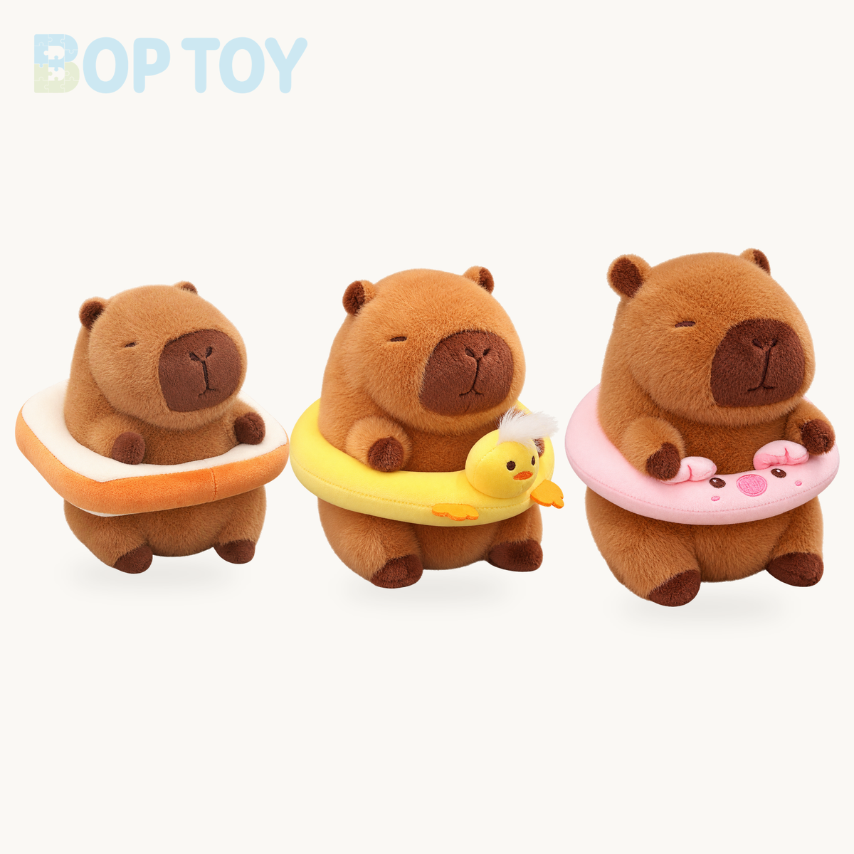Fluffy Capybara with Float Plushie product selection on a cream background