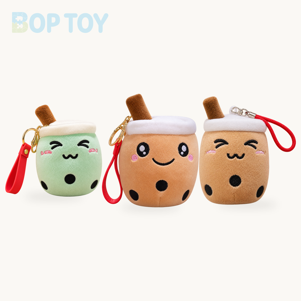 Plushie Bubble Tea Keychain, 12 Varieties, 4" | 10 cm product selection on a cream background