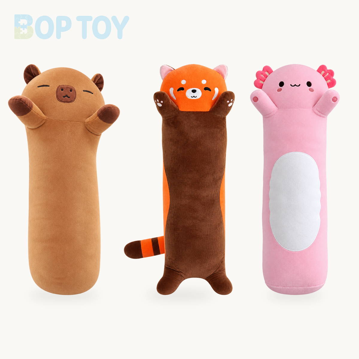 Kawaiies® Long Snuggly Chai Red Panda Axolotl Capybara Plushies product selection on a cream background