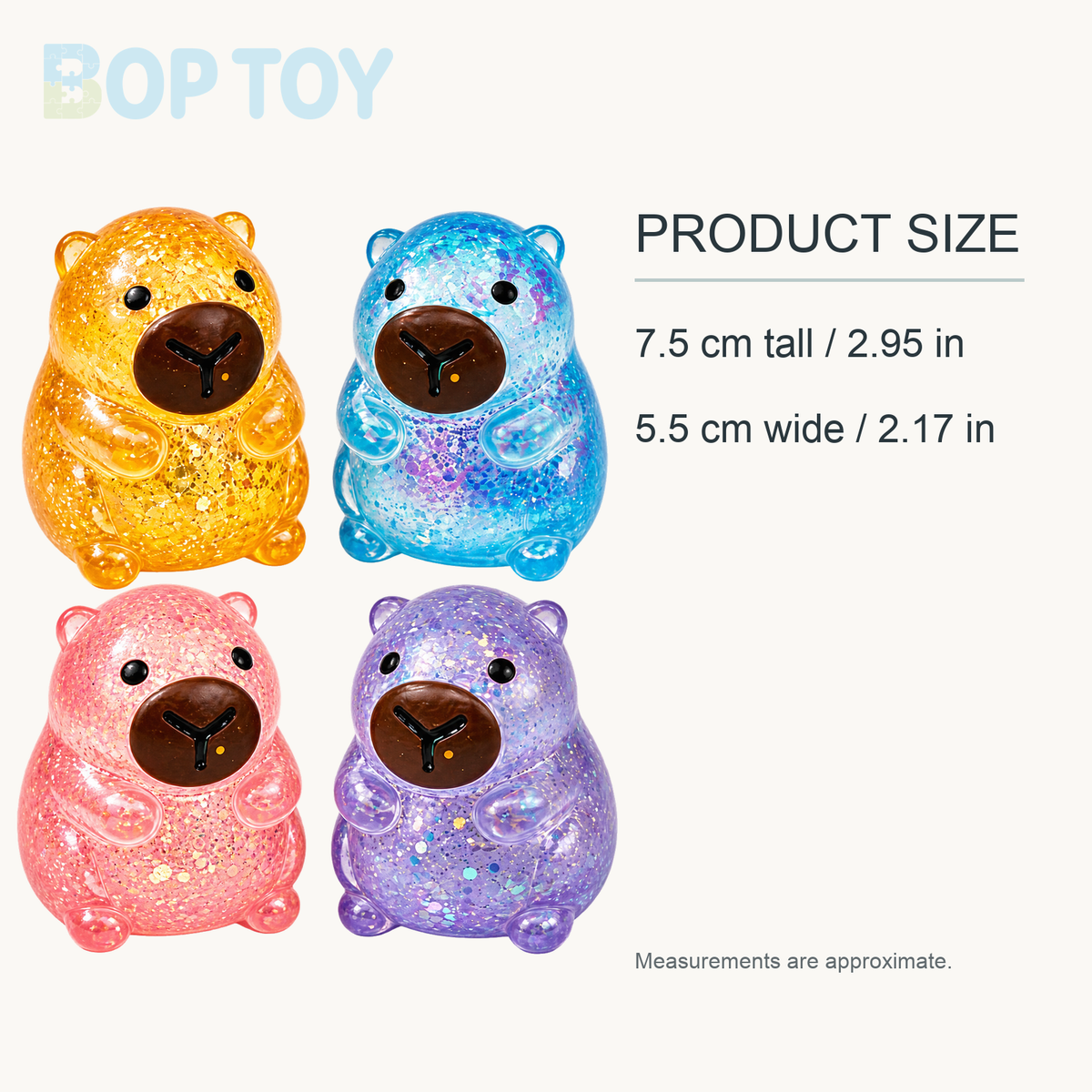 4-Pack Glitter Capybara Squishy Set approximate size options: 7.5 cm tall / 2.95 in, 5.5 cm wide / 2.17 in
