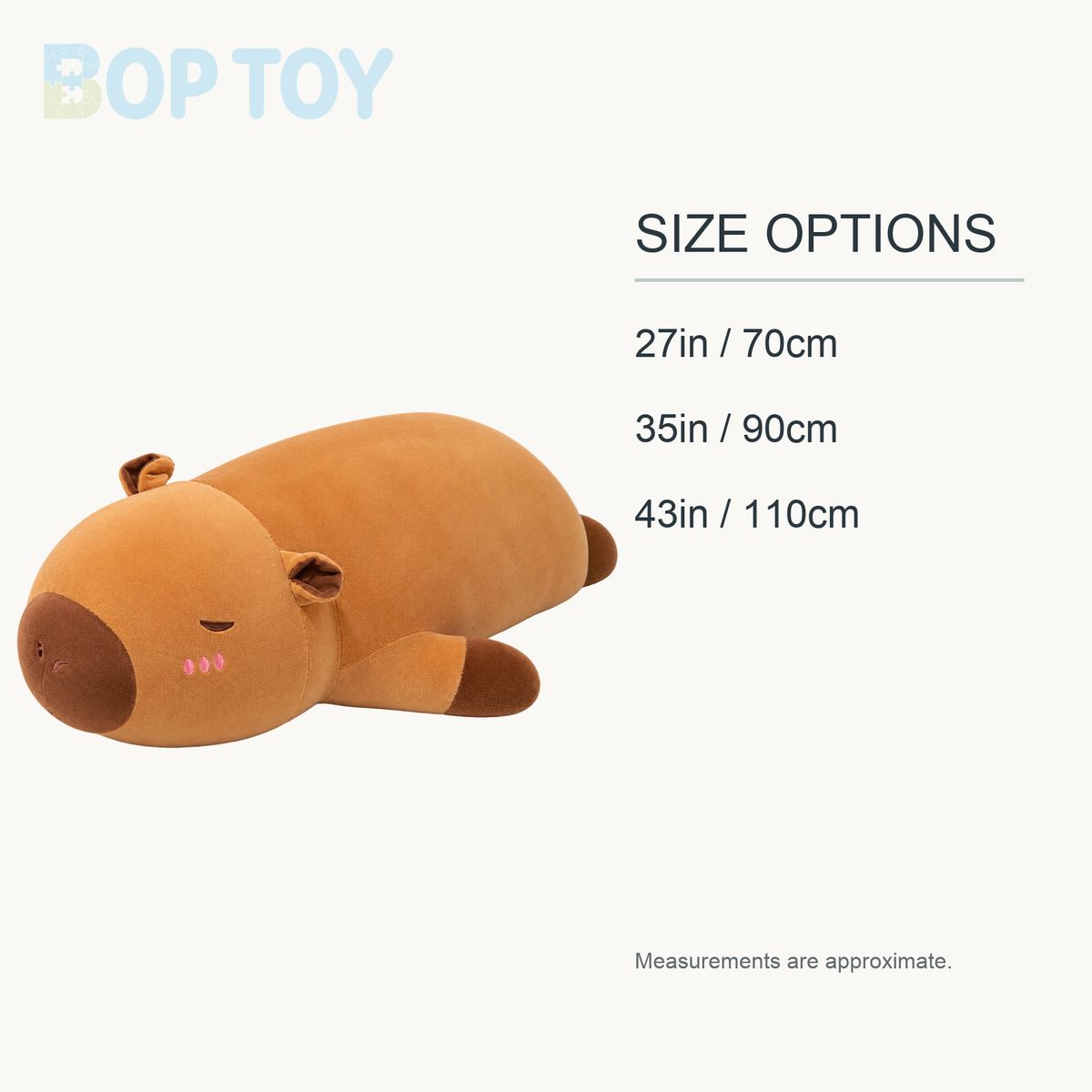 Long Chunky Capybara Plushie approximate size options: 27in / 70cm, 35in / 90cm, 43in / 110cm