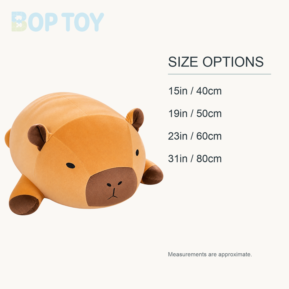 Huge Snuggly Capybara Plushie approximate size options: 15in / 40cm, 19in / 50cm, 23in / 60cm, 31in / 80cm