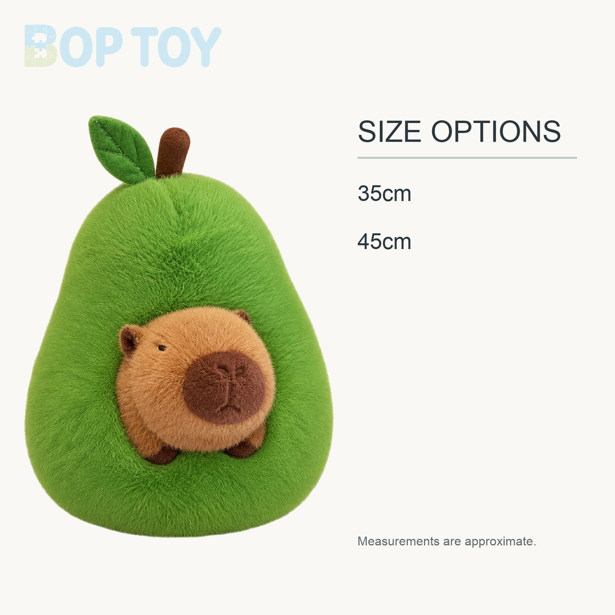 Fluffy Avocado Capybara Plushie approximate size options: 35cm, 45cm
