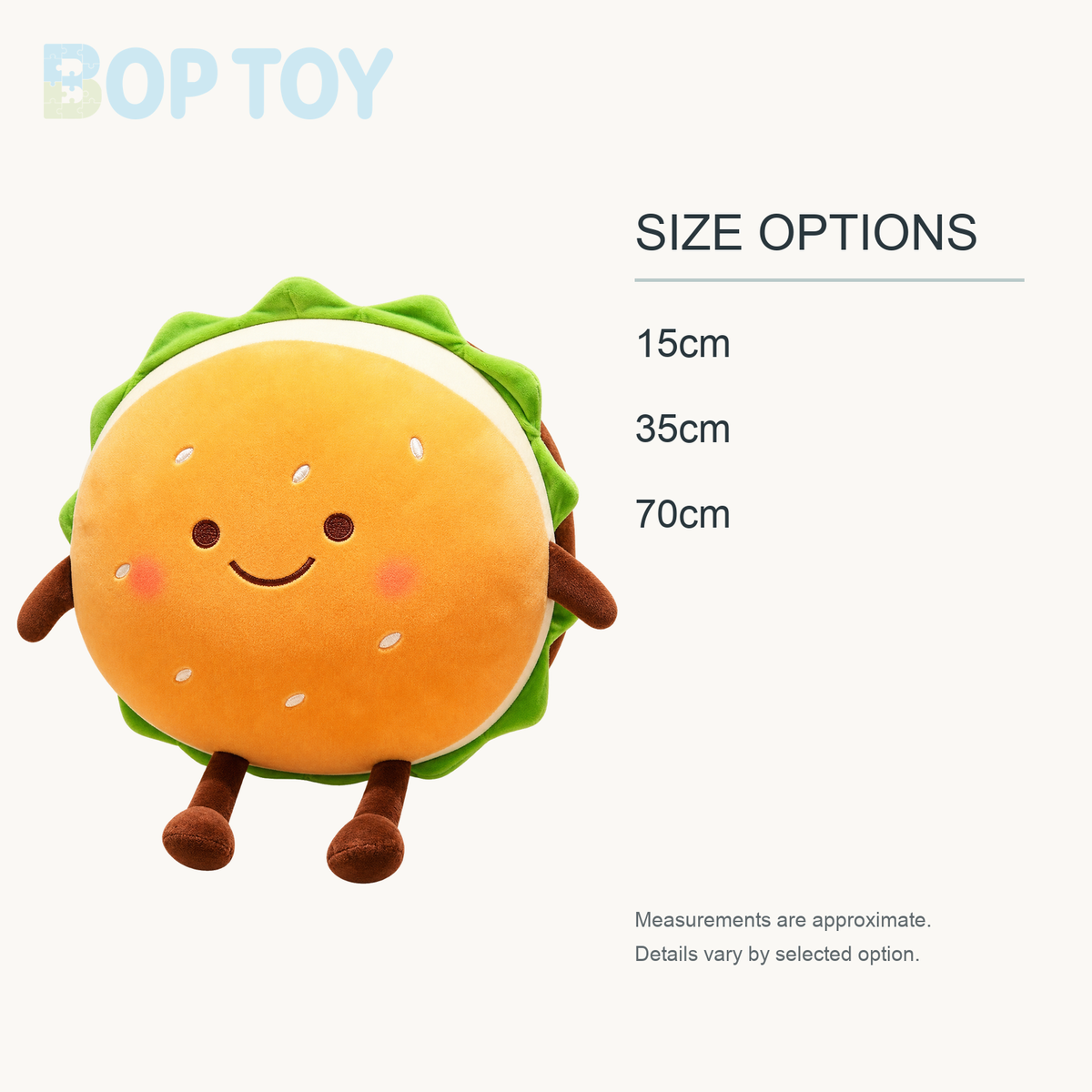 Plushie Hamburger, Two Styles, 6-28" | 15-70 cm approximate size options: 15cm, 35cm, 70cm