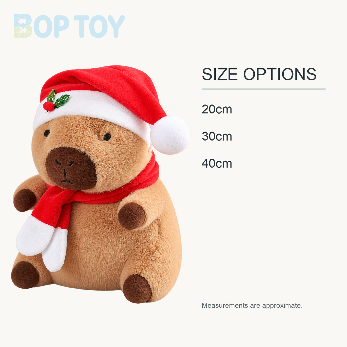 Christmas New Year Baby Capybara Plushies approximate size options: 20cm, 30cm, 40cm