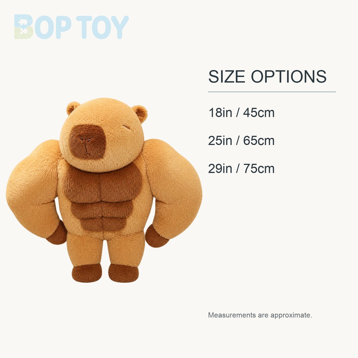 Fluffy Muscular Capybara Plush approximate size options: 18in / 45cm, 25in / 65cm, 29in / 75cm