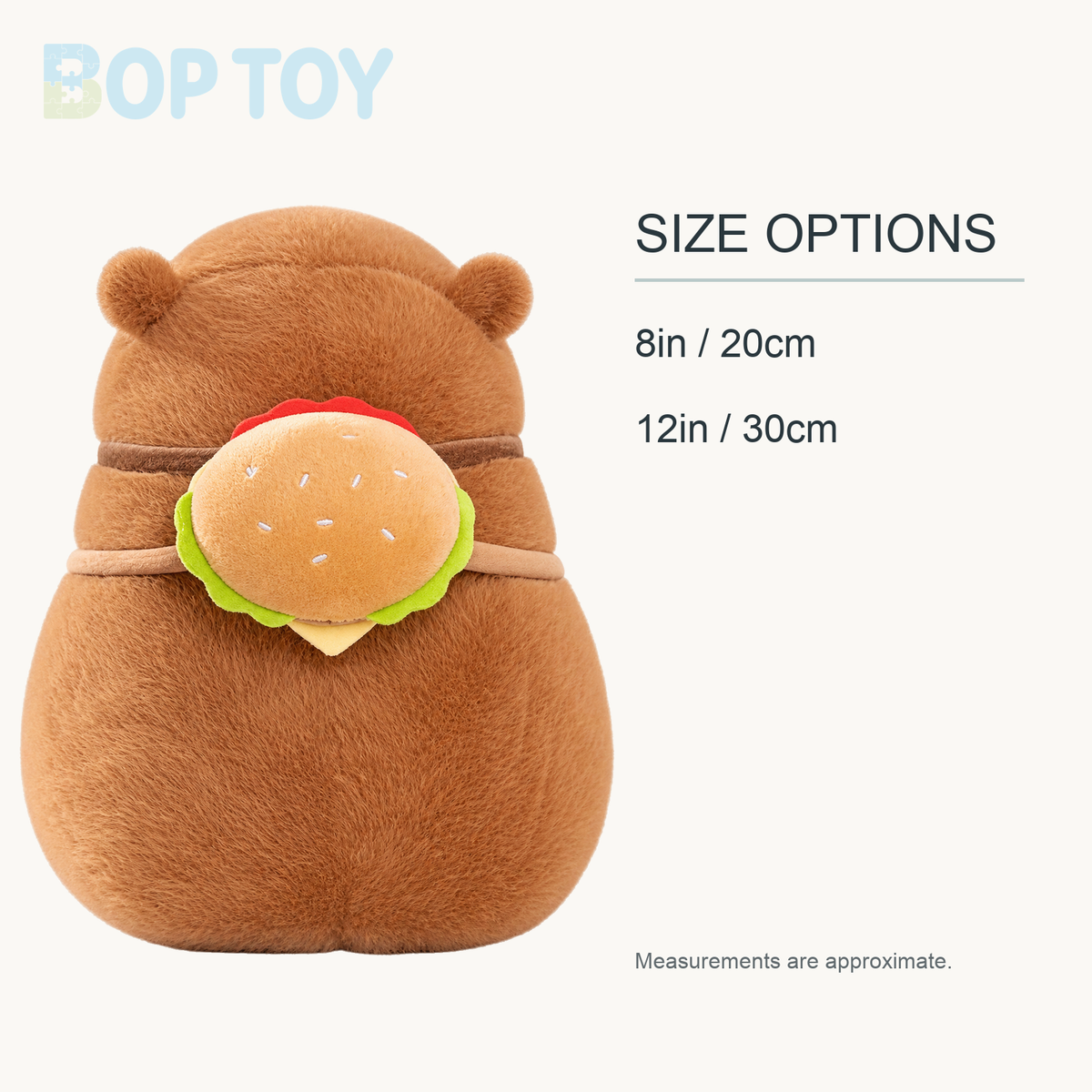 Fluffy Capybara Burger Bag Plushies approximate size options: 8in / 20cm, 12in / 30cm
