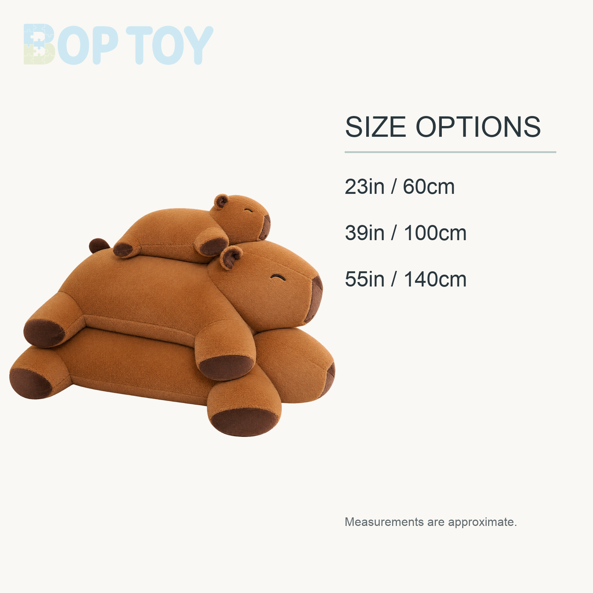 Giant Capybara Snuggle Buddy Plushies approximate size options: 23in / 60cm, 39in / 100cm, 55in / 140cm