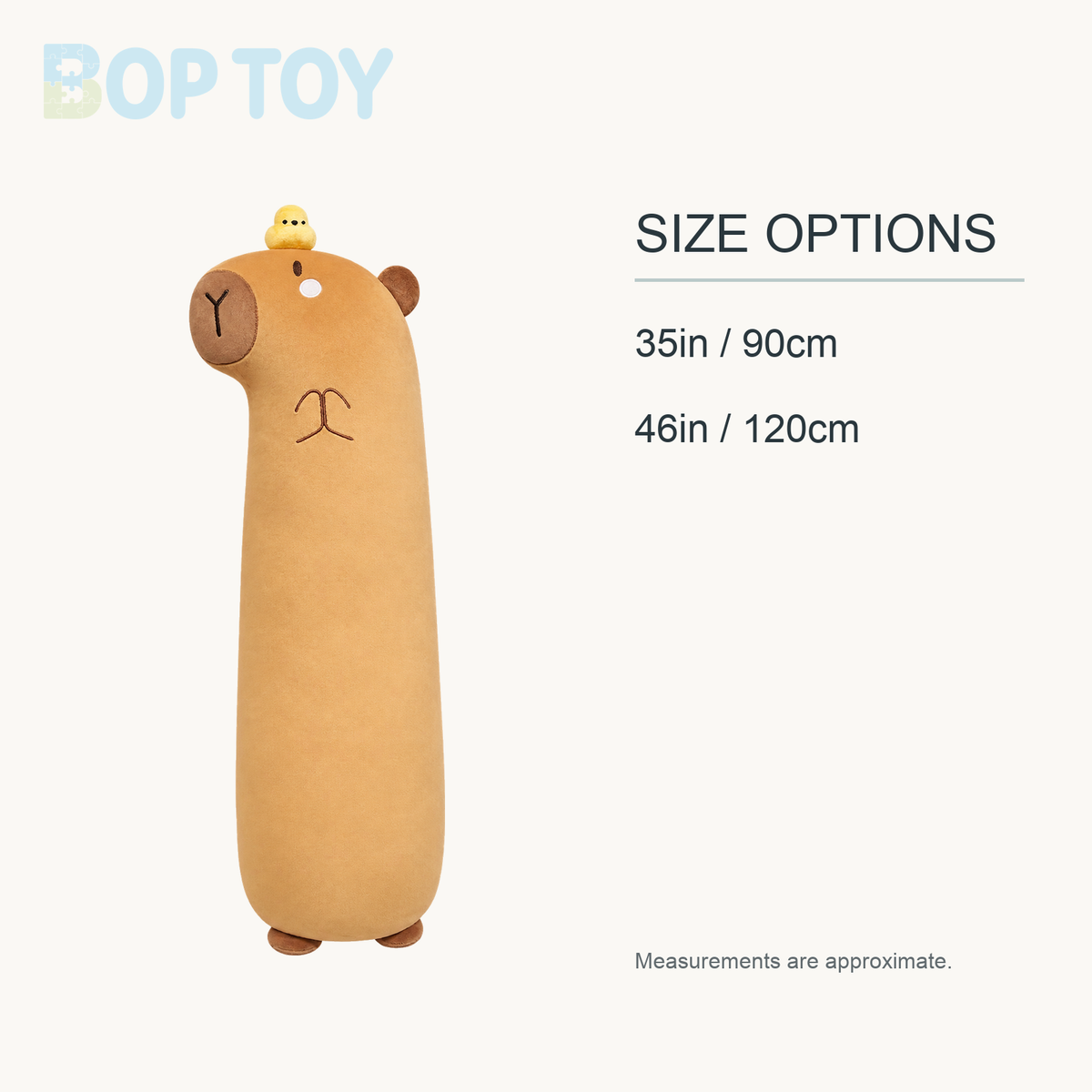 Long Snuggly Capybara Plushies approximate size options: 35in / 90cm, 46in / 120cm