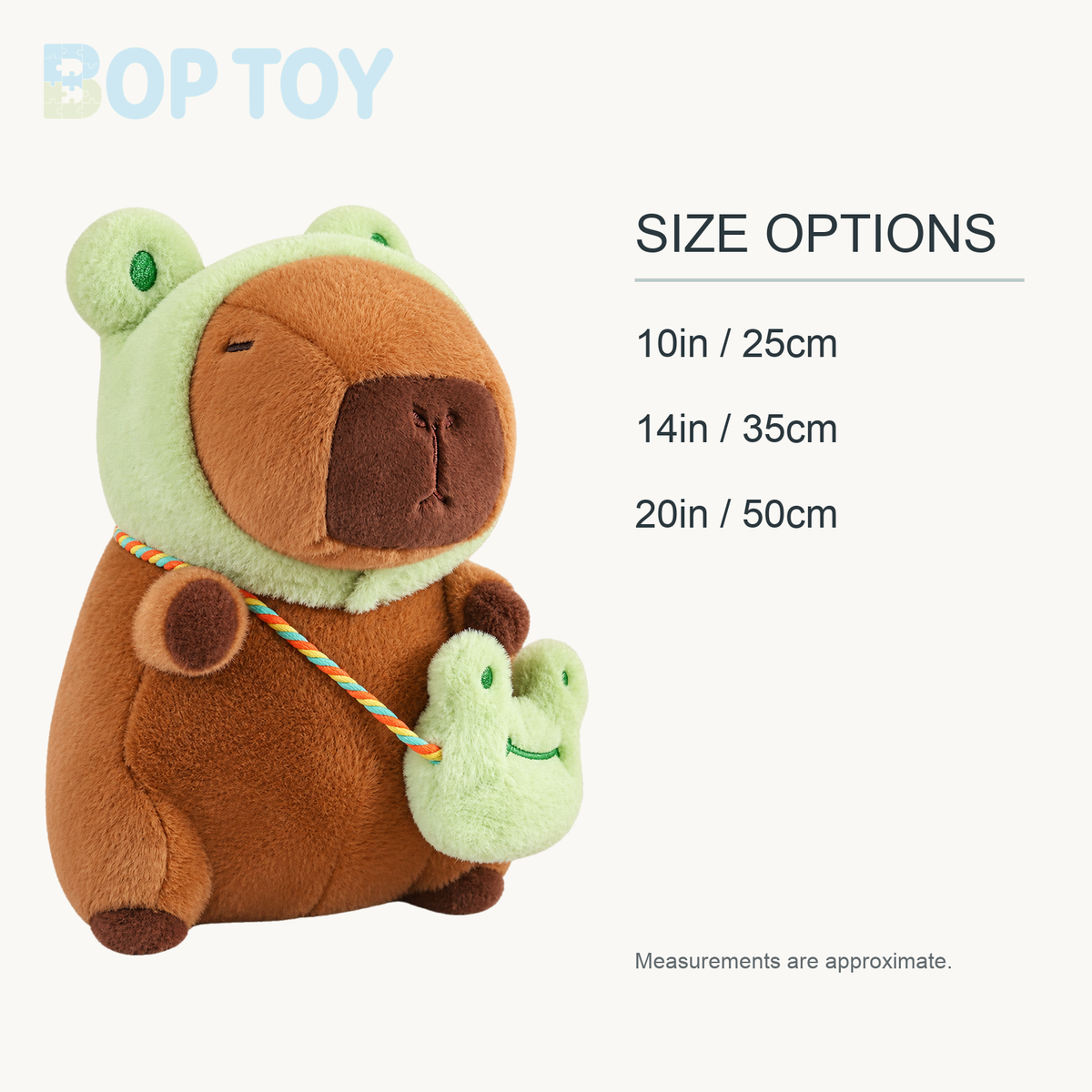 Capybara Frog Besties Costume Plush approximate size options: 10in / 25cm, 14in / 35cm, 20in / 50cm