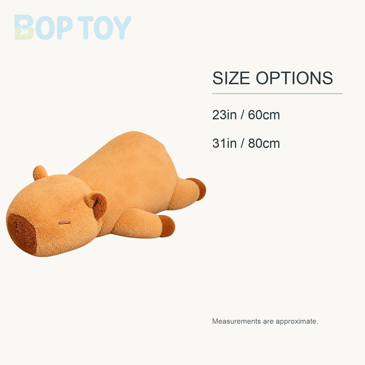 Fluffy Sleepy Capybara Plushies approximate size options: 23in / 60cm, 31in / 80cm