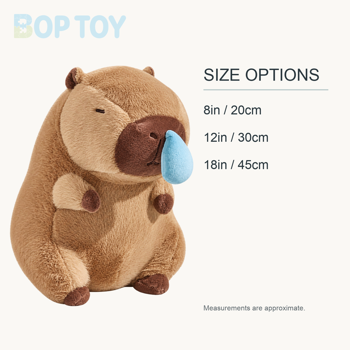Cute Snotty Capybara Runny Nose Plushie approximate size options: 8in / 20cm, 12in / 30cm, 18in / 45cm