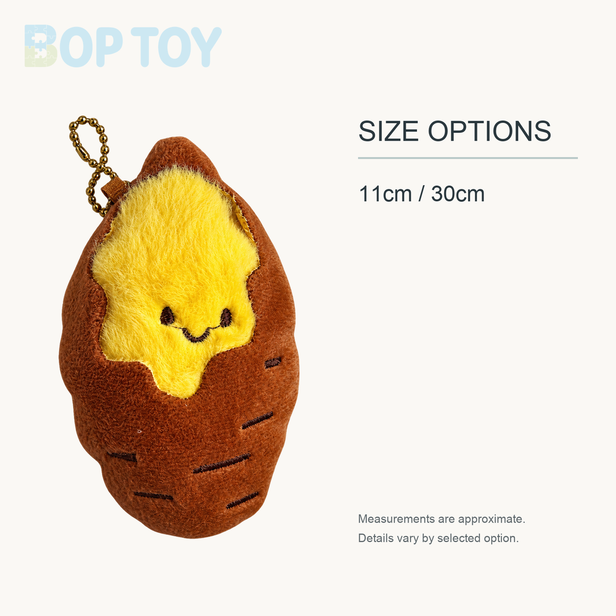Baked Sweet Potato Plush Keychain | Peel-Away Charm, 5.5" | 14 cm approximate size options: 11cm / 30cm