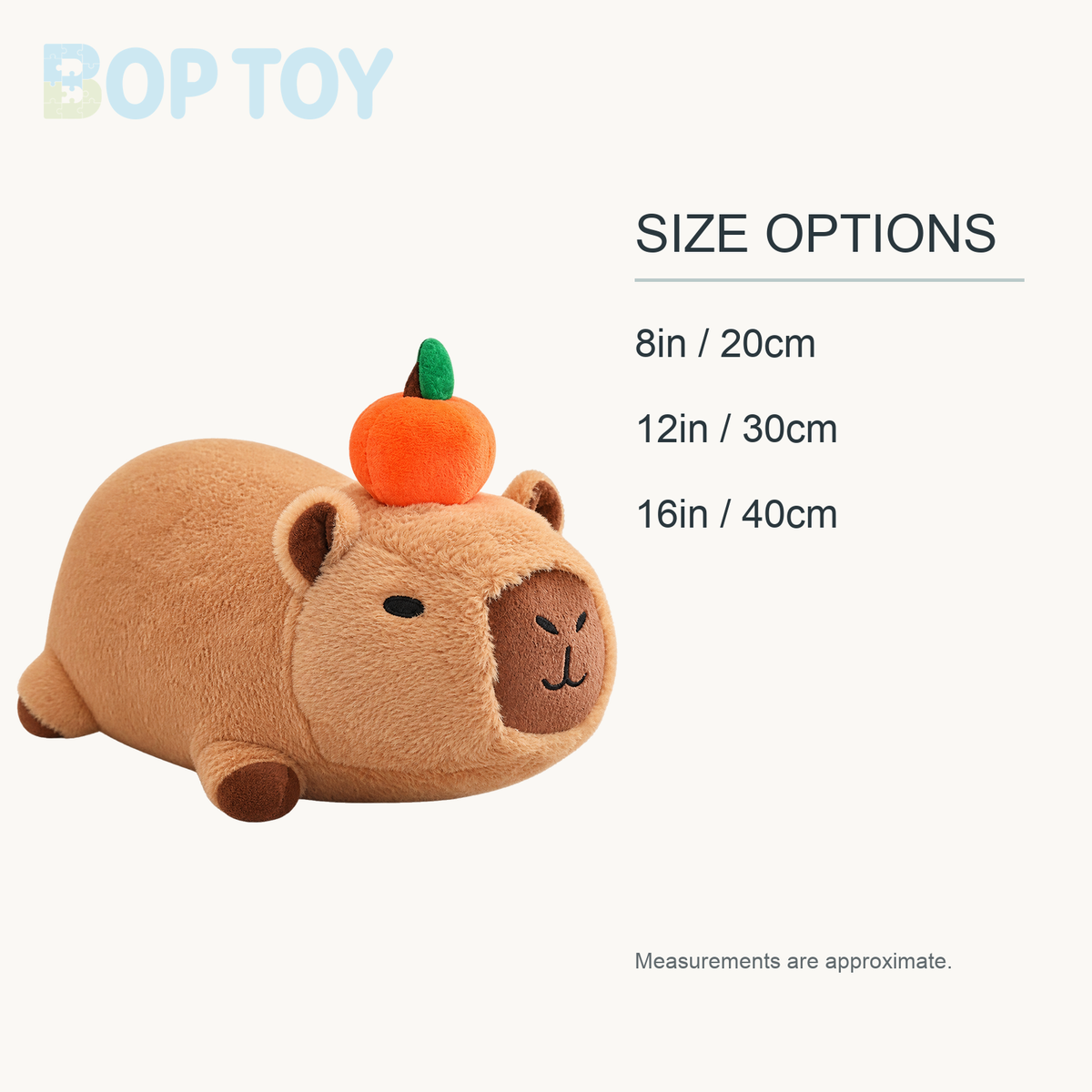 Fluffy Sleepy Capybara with Orange Plushie approximate size options: 8in / 20cm, 12in / 30cm, 16in / 40cm