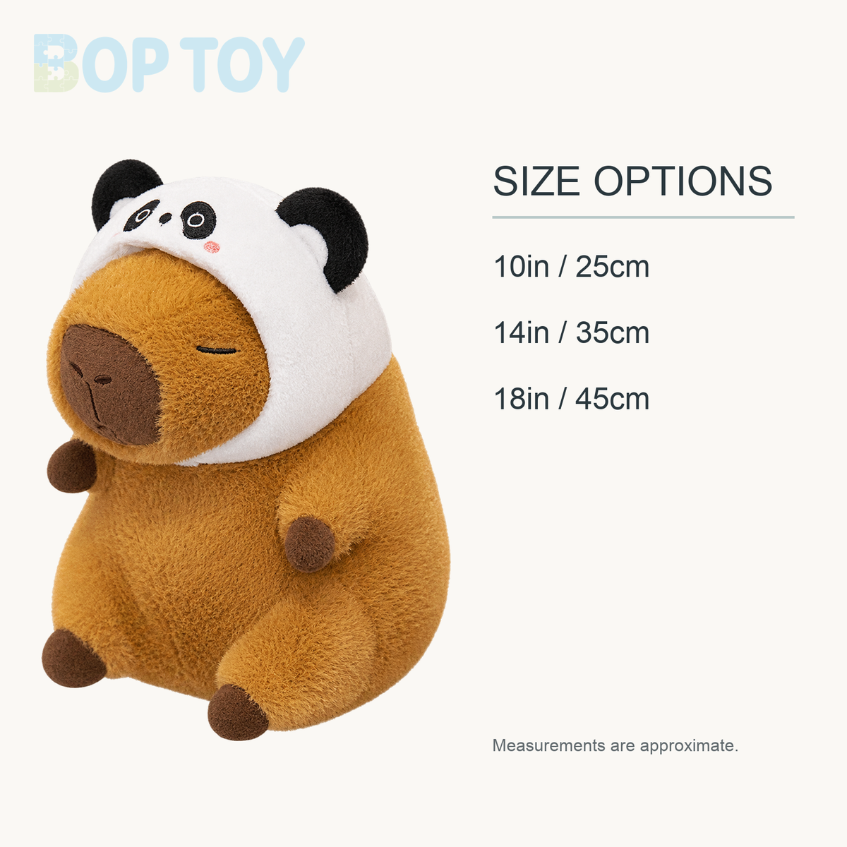 Chunky Kawaii Capybara Plush with Hat approximate size options: 10in / 25cm, 14in / 35cm, 18in / 45cm