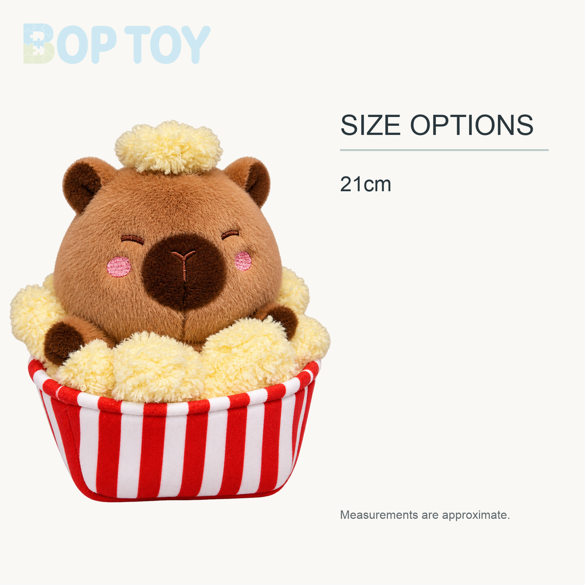 Puffed Rice Capybara Plush Toy | Cute Snack-Themed Stuffed Animal approximate size options: 21cm