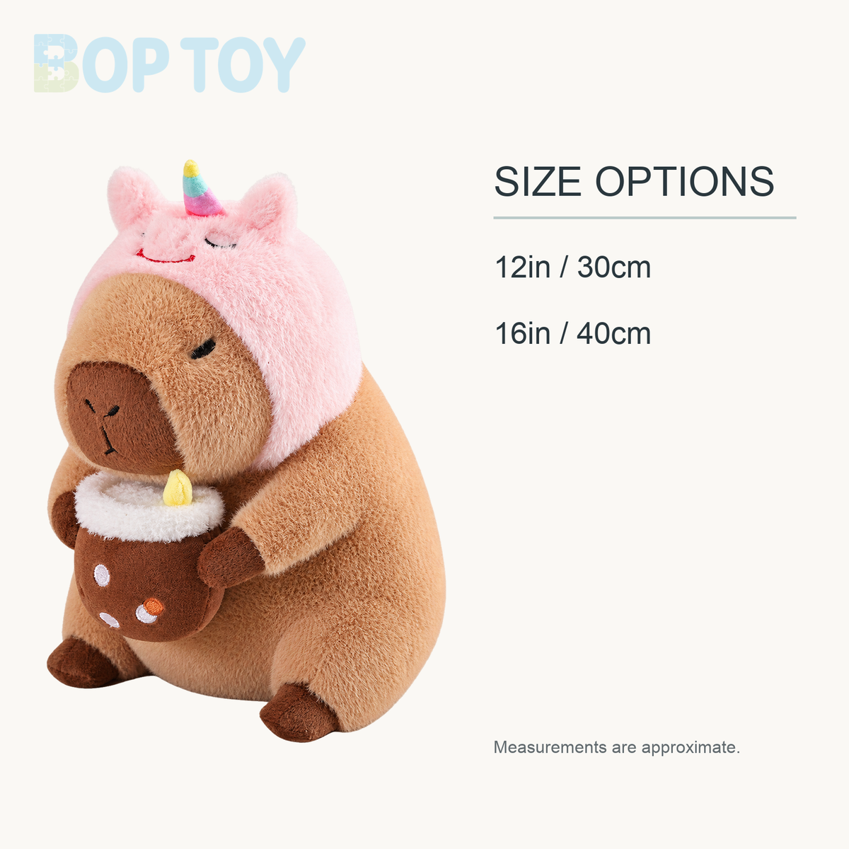 Baby Capybara Animal Dress-up Plushie Collection approximate size options: 12in / 30cm, 16in / 40cm